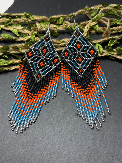 Black, blue, silver and orange beaded fringe earrings in boho and Native American style. Handmade statement earrings, unique colorful ethnic jewelry image 14