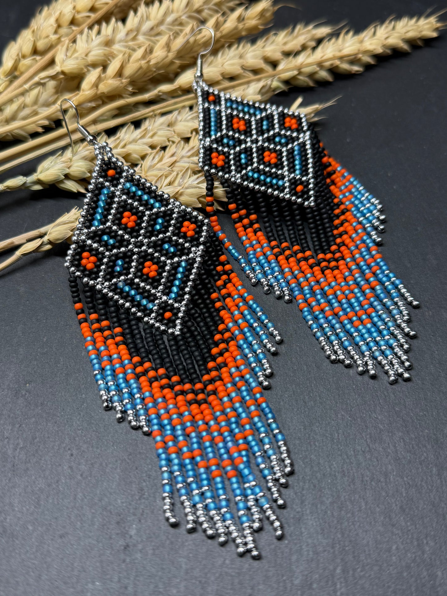 Black, blue, silver and orange beaded fringe earrings in boho and Native American style. Handmade statement earrings, unique colorful ethnic jewelry image 15