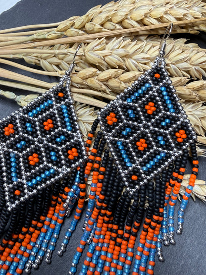 Black, blue, silver and orange beaded fringe earrings in boho and Native American style. Handmade statement earrings, unique colorful ethnic jewelry image 16