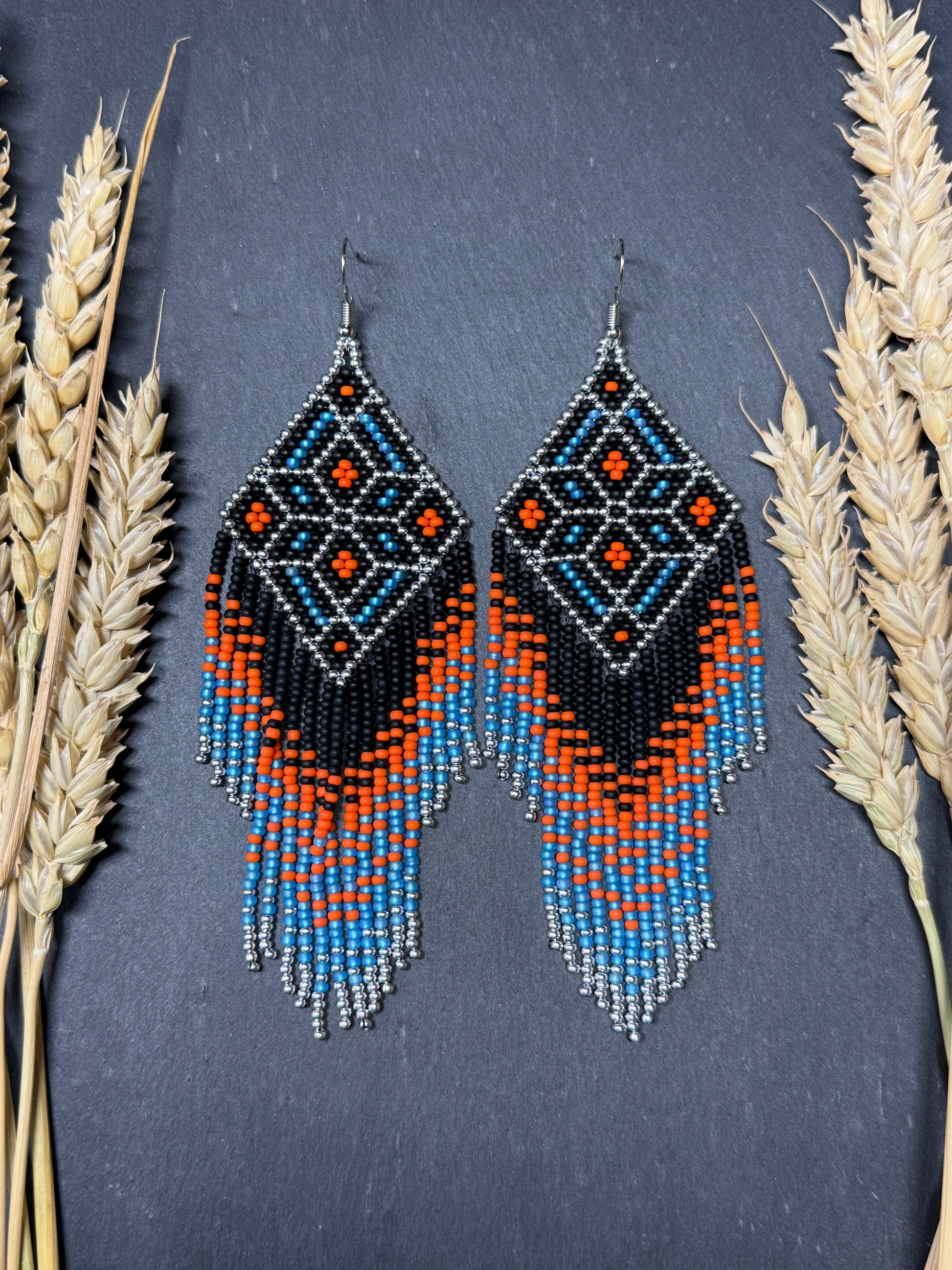 Black, blue, silver and orange beaded fringe earrings in boho and Native American style. Handmade statement earrings, unique colorful ethnic jewelry image 17