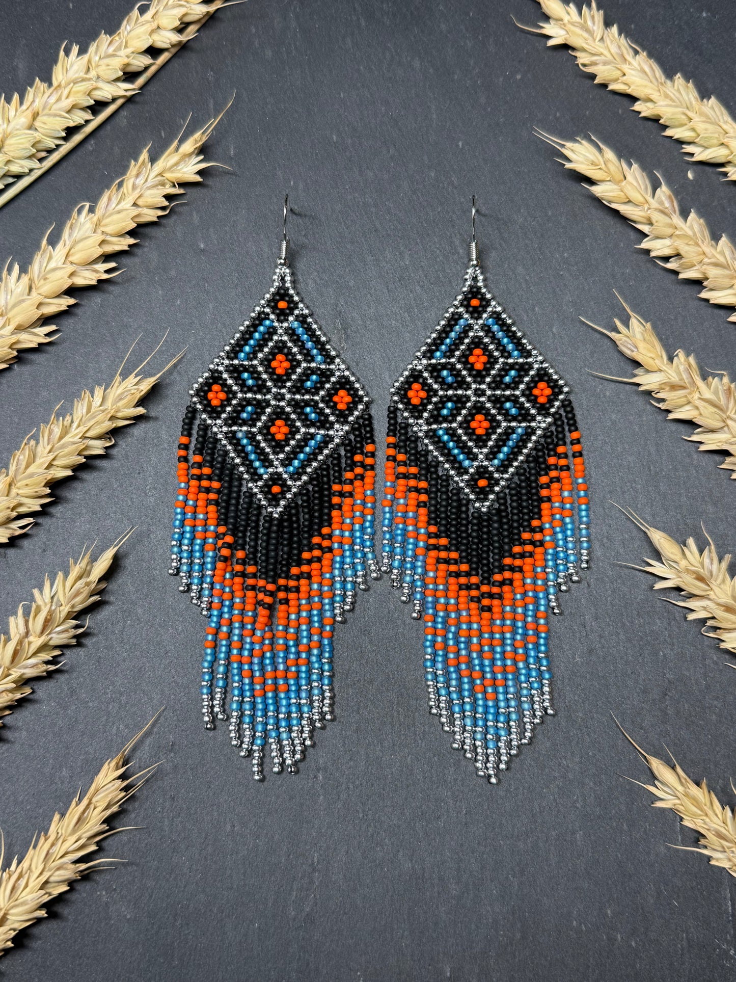 Black, blue, silver and orange beaded fringe earrings in boho and Native American style. Handmade statement earrings, unique colorful ethnic jewelry image 19
