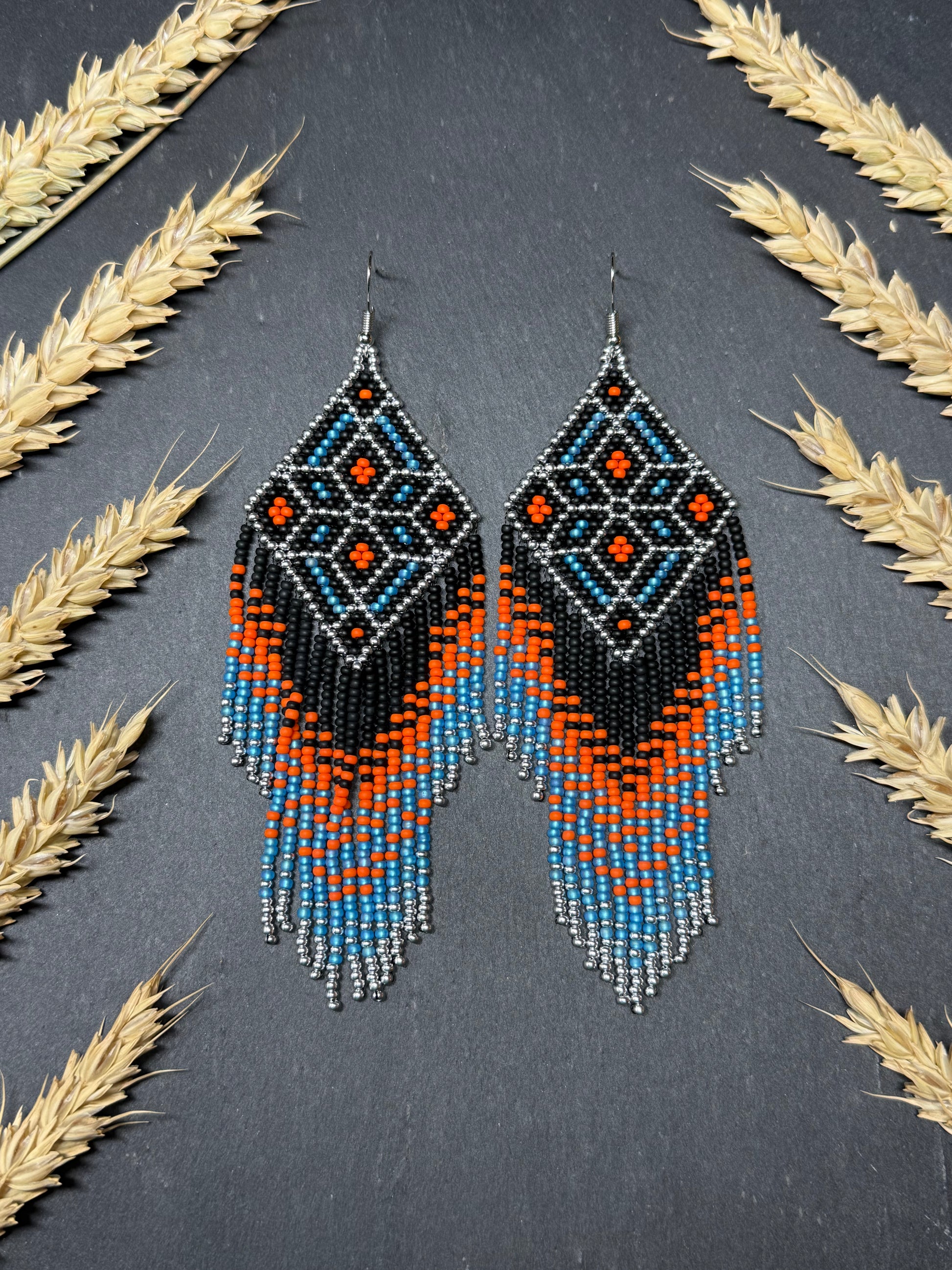 Black, blue, silver and orange beaded fringe earrings in boho and Native American style. Handmade statement earrings, unique colorful ethnic jewelry image 19
