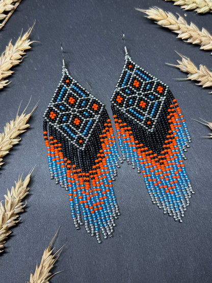 Black, blue, silver and orange beaded fringe earrings in boho and Native American style. Handmade statement earrings, unique colorful ethnic jewelry image 18