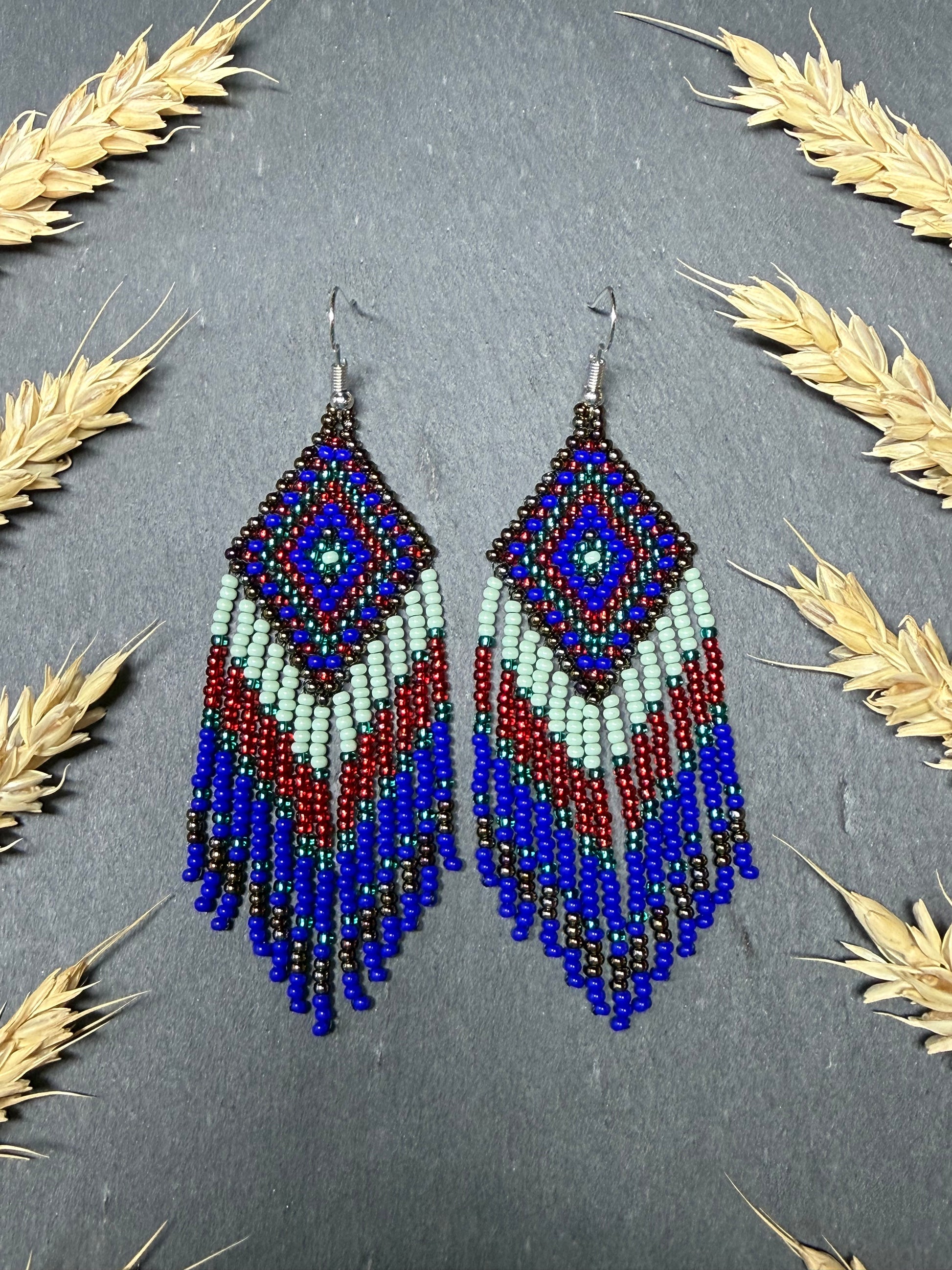 Handmade Blue, green and red beaded fringe earrings with geometric style. Unique bright boho statement jewelry with Native-inspired design and artisan beadwork image 13