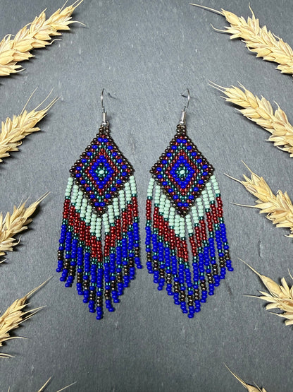 Handmade Blue, green and red beaded fringe earrings with geometric style. Unique bright boho statement jewelry with Native-inspired design and artisan beadwork image 13