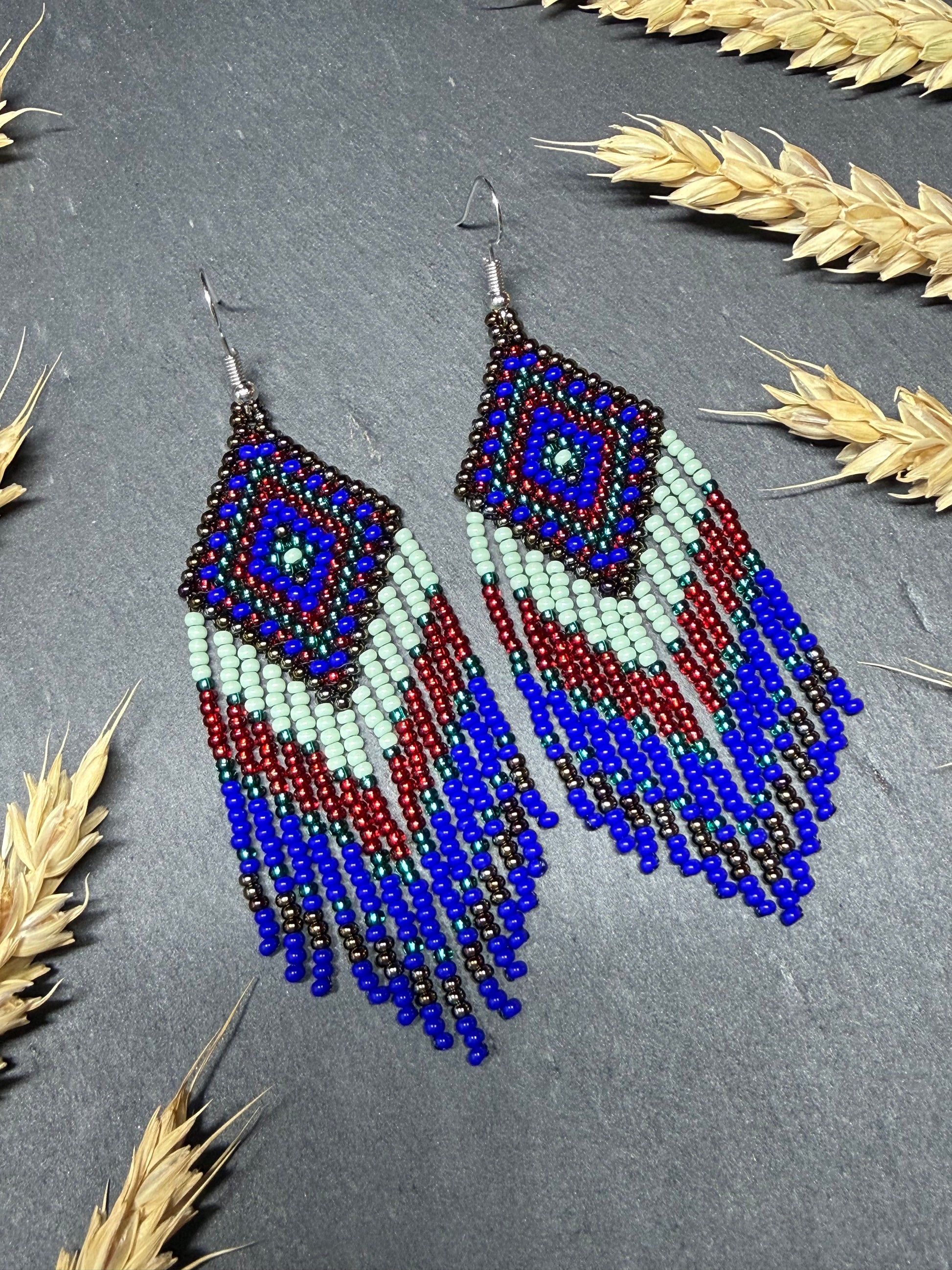 Handmade Blue, green and red beaded fringe earrings with geometric style. Unique bright boho statement jewelry with Native-inspired design and artisan beadwork image 14