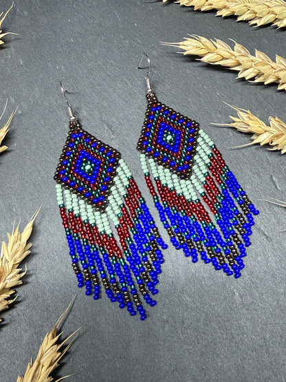 Handmade Blue, green and red beaded fringe earrings with geometric style. Unique bright boho statement jewelry with Native-inspired design and artisan beadwork image 14