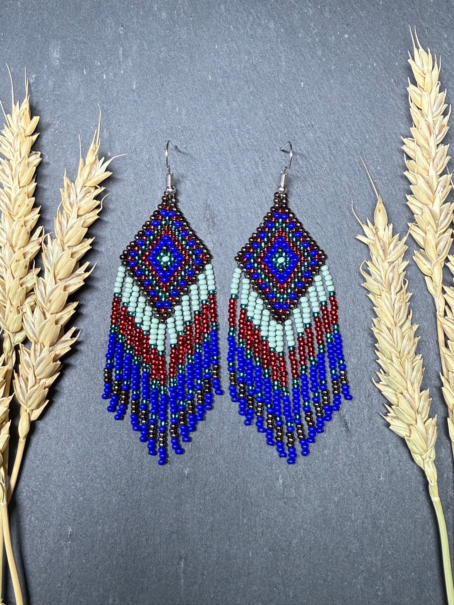 Handmade Blue, green and red beaded fringe earrings with geometric style. Unique bright boho statement jewelry with Native-inspired design and artisan beadwork image 15