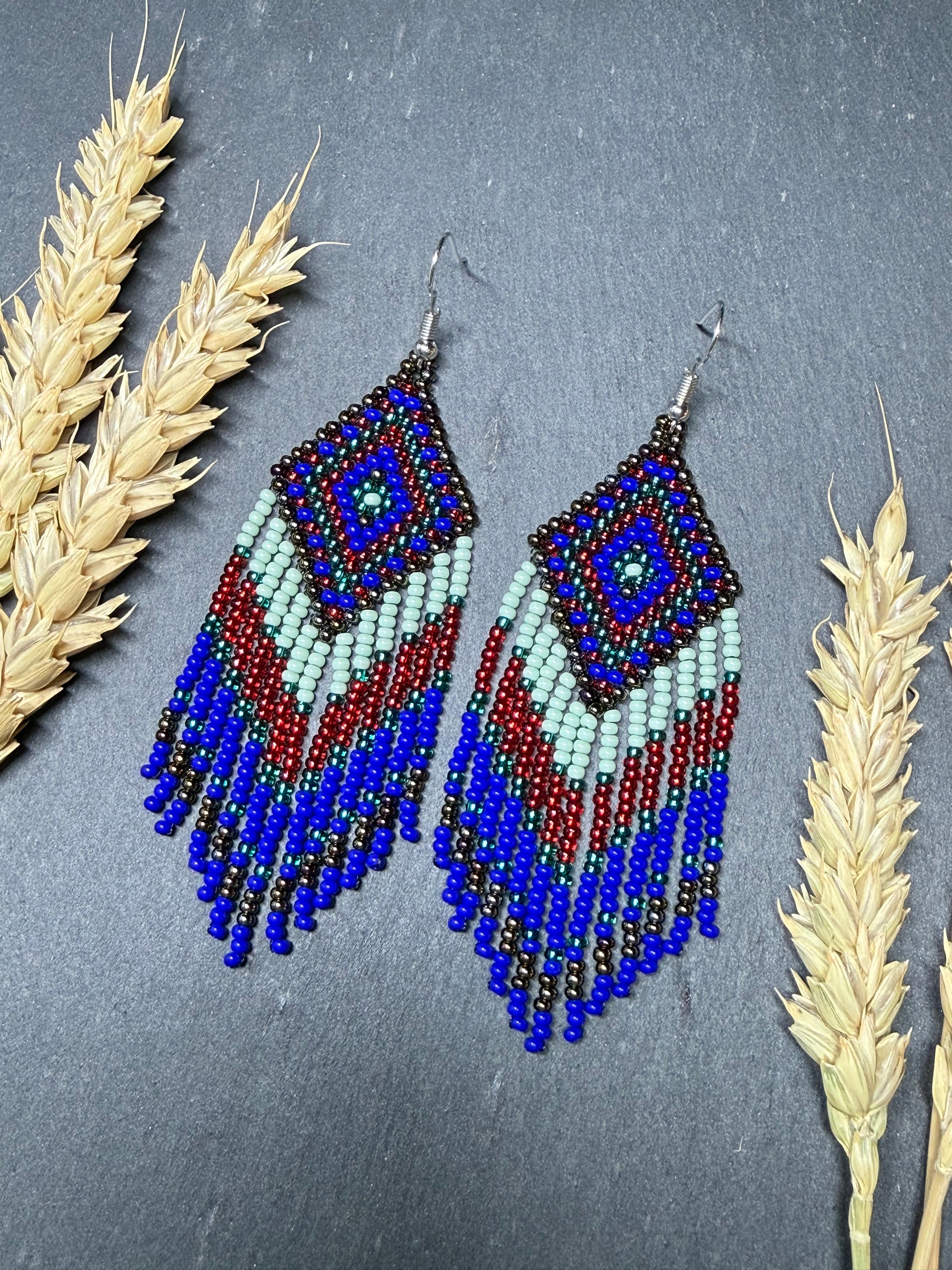 Handmade Blue, green and red beaded fringe earrings with geometric style. Unique bright boho statement jewelry with Native-inspired design and artisan beadwork image 16