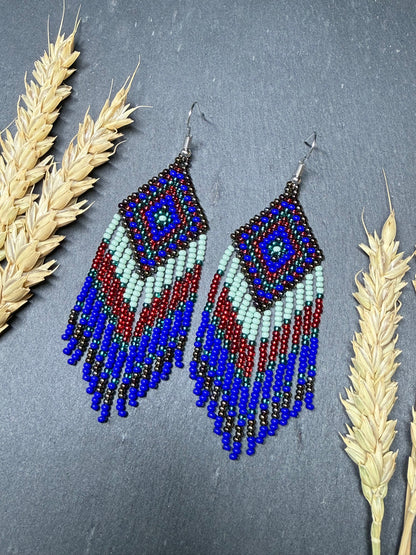 Handmade Blue, green and red beaded fringe earrings with geometric style. Unique bright boho statement jewelry with Native-inspired design and artisan beadwork image 16
