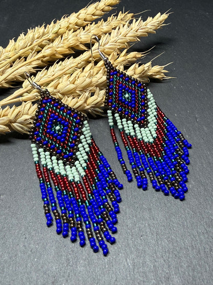 Handmade Blue, green and red beaded fringe earrings with geometric style. Unique bright boho statement jewelry with Native-inspired design and artisan beadwork image 17