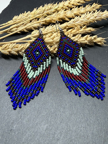 Handmade Blue, green and red beaded fringe earrings with geometric style. Unique bright boho statement jewelry with Native-inspired design and artisan beadwork image 18