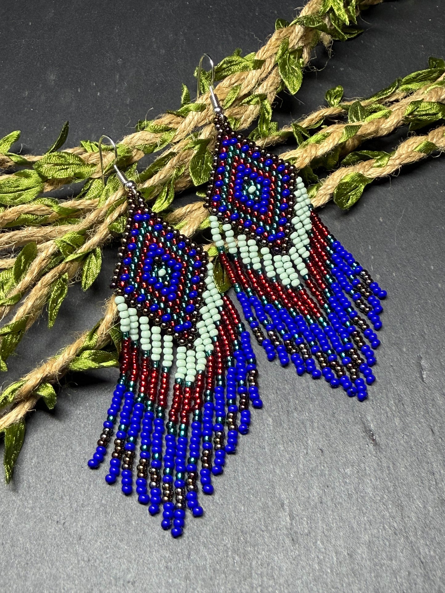 Handmade Blue, green and red beaded fringe earrings with geometric style. Unique bright boho statement jewelry with Native-inspired design and artisan beadwork image 19