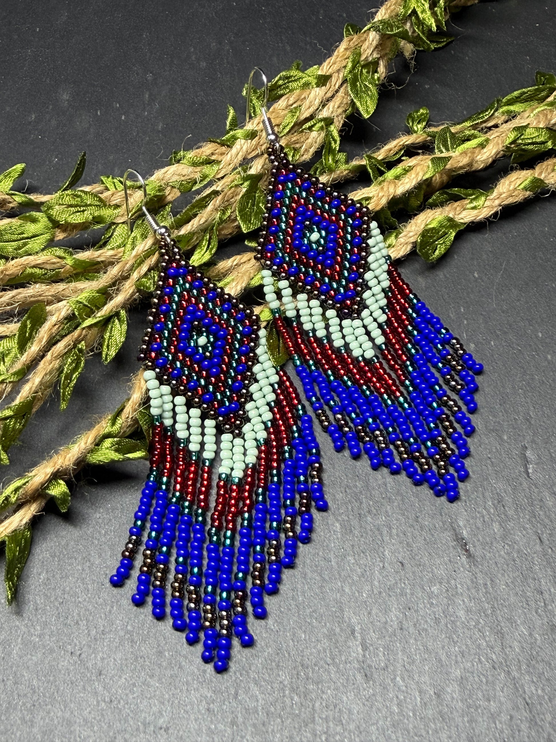 Handmade Blue, green and red beaded fringe earrings with geometric style. Unique bright boho statement jewelry with Native-inspired design and artisan beadwork image 19