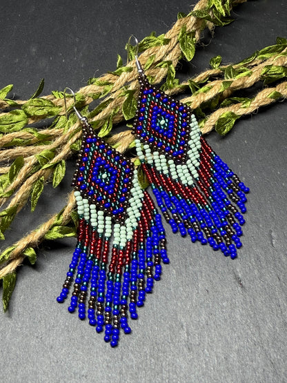 Handmade Blue, green and red beaded fringe earrings with geometric style. Unique bright boho statement jewelry with Native-inspired design and artisan beadwork image 19