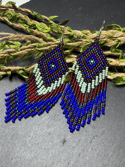 Handmade Blue, green and red beaded fringe earrings with geometric style. Unique bright boho statement jewelry with Native-inspired design and artisan beadwork image 20