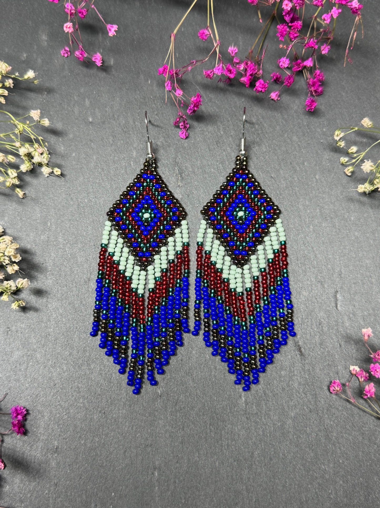 Handmade Blue, green and red beaded fringe earrings with geometric style. Unique bright boho statement jewelry with Native-inspired design and artisan beadwork image 1