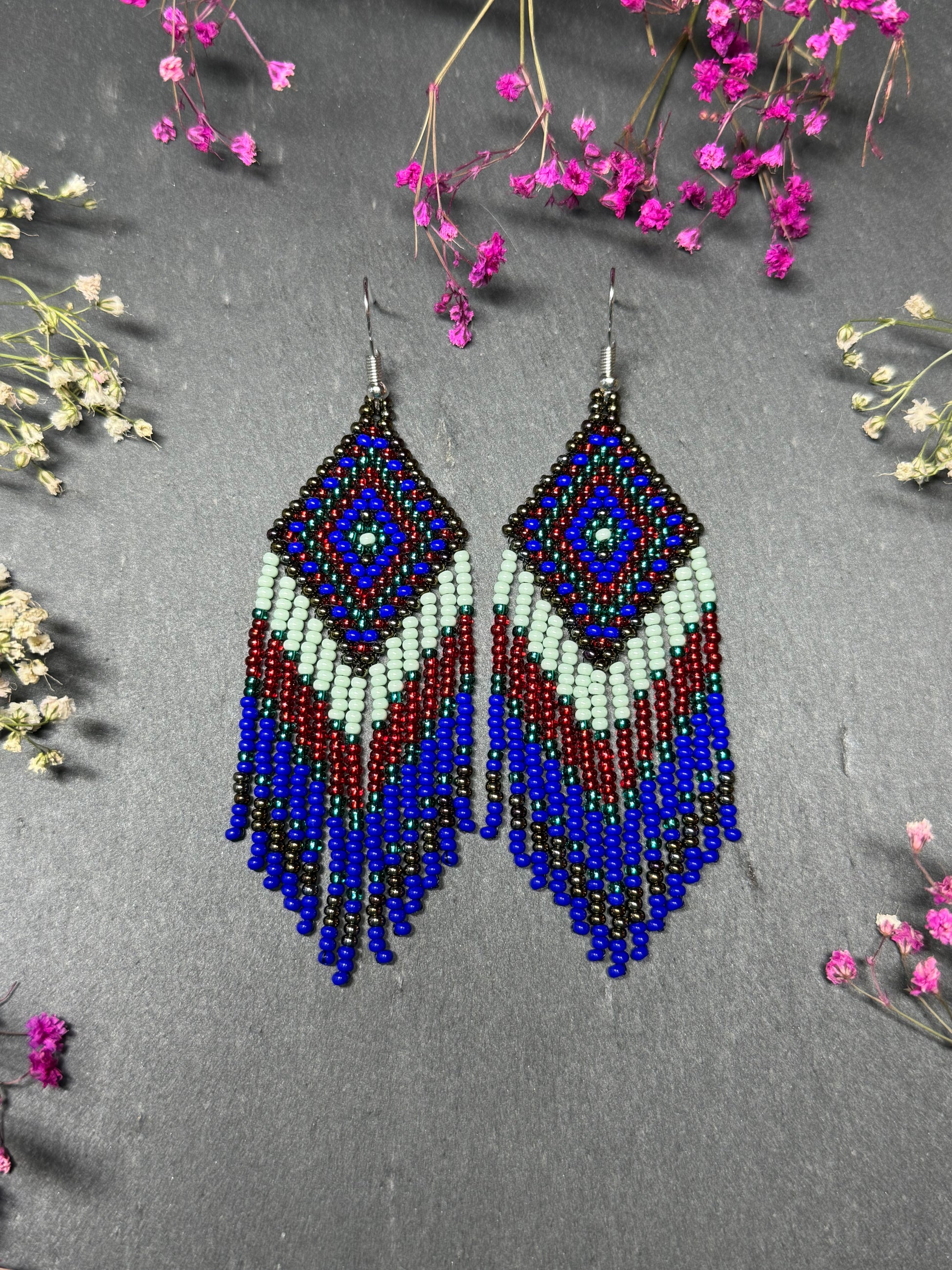 Handmade Blue, green and red beaded fringe earrings with geometric style. Unique bright boho statement jewelry with Native-inspired design and artisan beadwork image 1