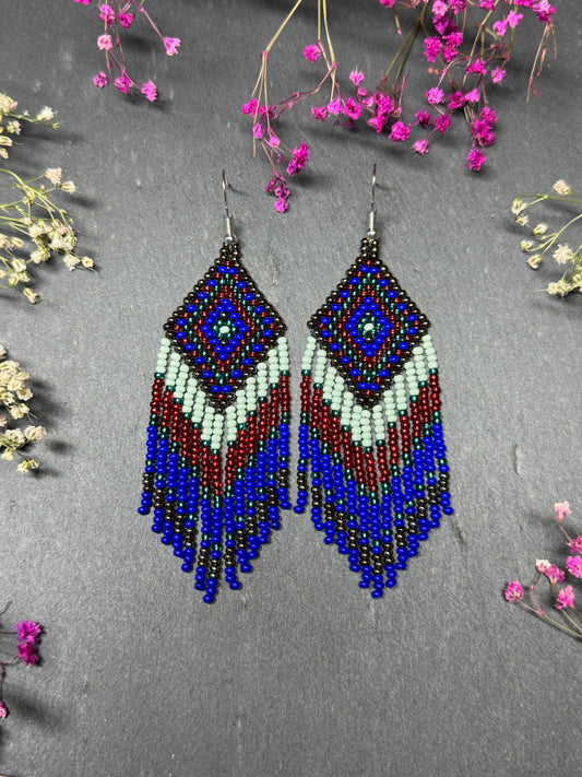 Handmade Blue, green and red beaded fringe earrings with geometric style. Unique bright boho statement jewelry with Native-inspired design and artisan beadwork image 1
