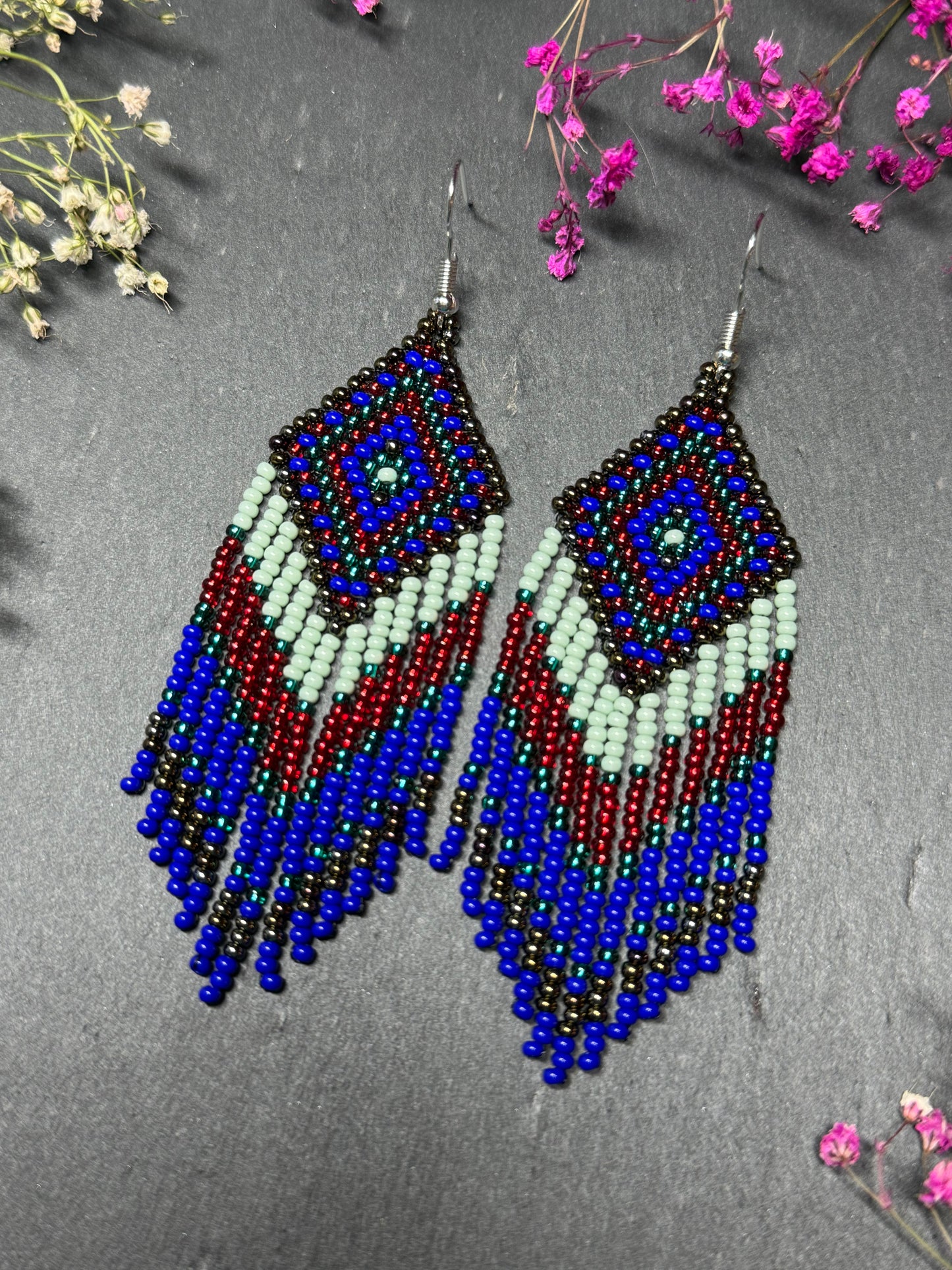 Handmade Blue, green and red beaded fringe earrings with geometric style. Unique bright boho statement jewelry with Native-inspired design and artisan beadwork image 3