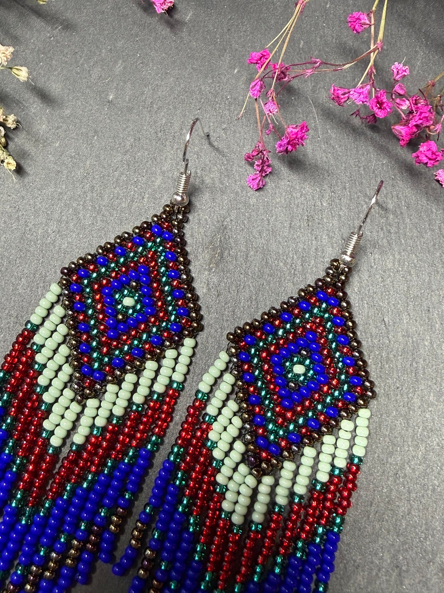 Handmade Blue, green and red beaded fringe earrings with geometric style. Unique bright boho statement jewelry with Native-inspired design and artisan beadwork image 4