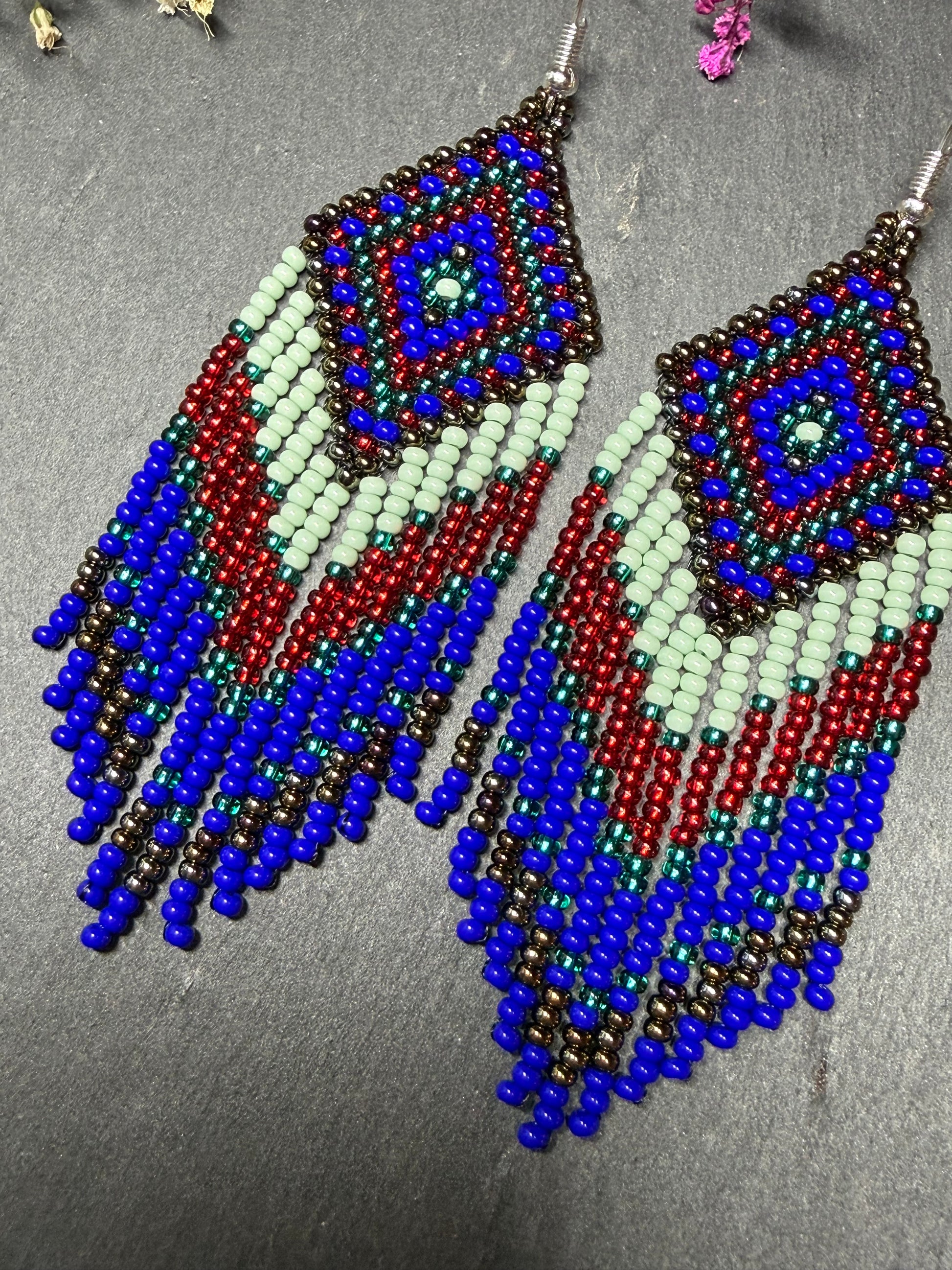 Handmade Blue, green and red beaded fringe earrings with geometric style. Unique bright boho statement jewelry with Native-inspired design and artisan beadwork image 5