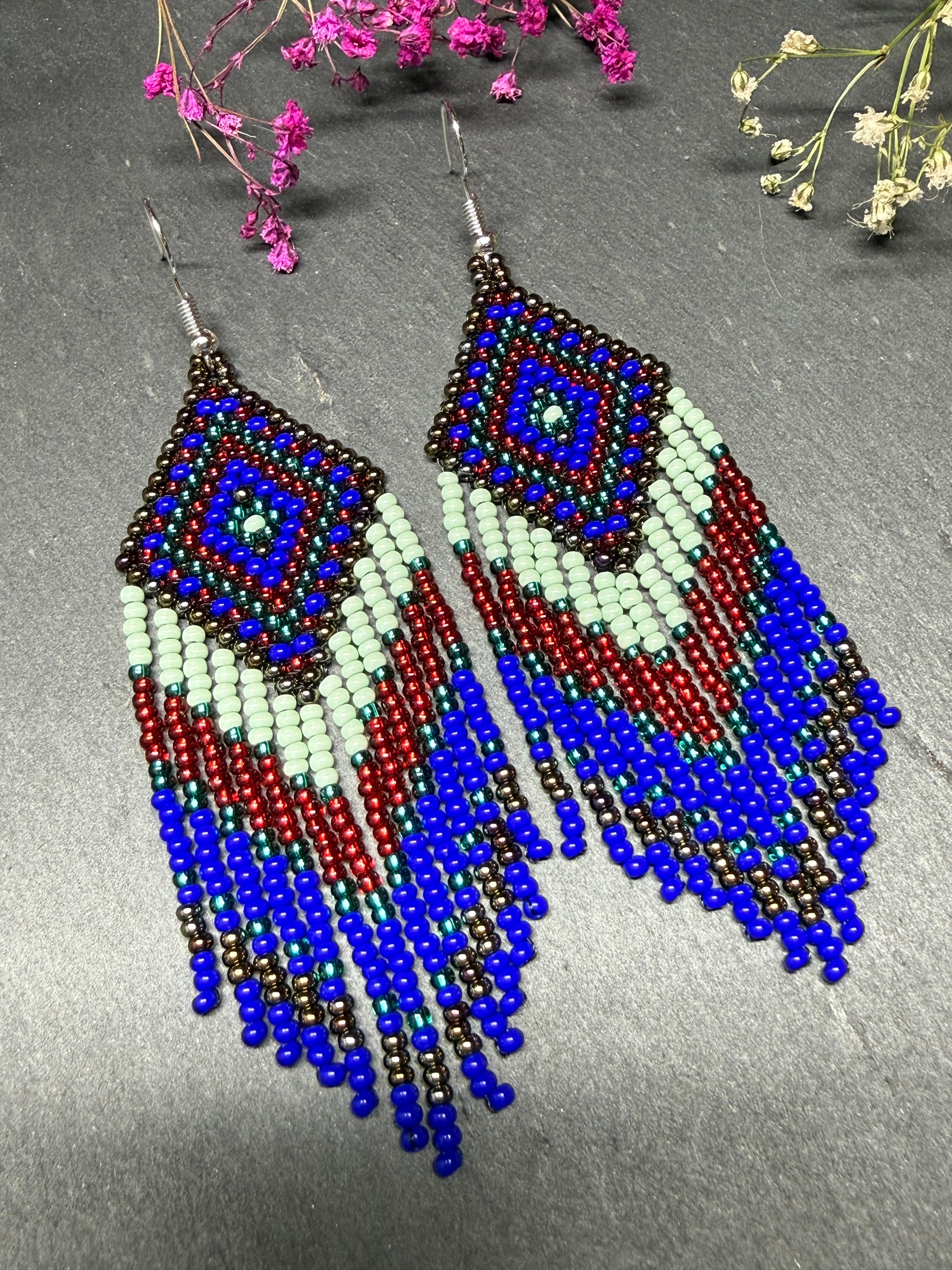Handmade Blue, green and red beaded fringe earrings with geometric style. Unique bright boho statement jewelry with Native-inspired design and artisan beadwork image 10