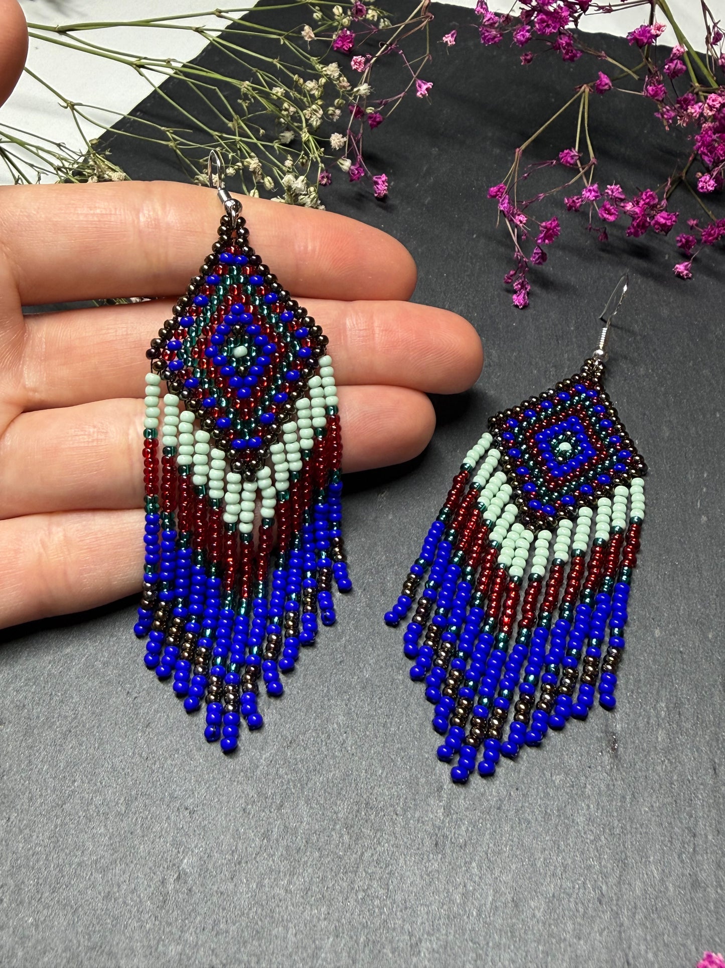 Handmade Blue, green and red beaded fringe earrings with geometric style. Unique bright boho statement jewelry with Native-inspired design and artisan beadwork image 8