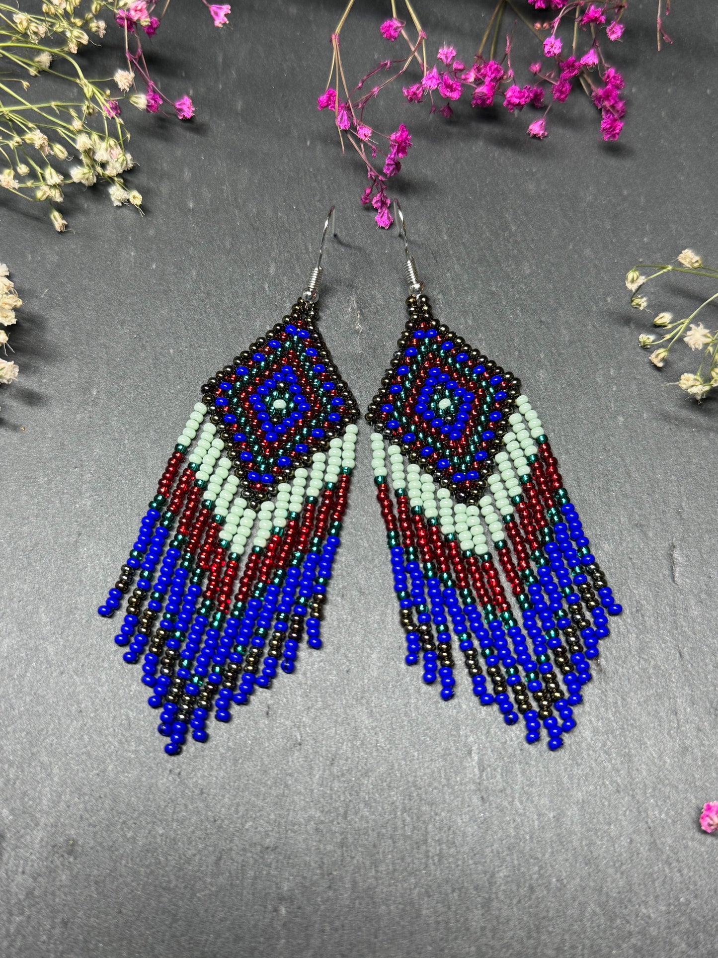 Handmade Blue, green and red beaded fringe earrings with geometric style. Unique bright boho statement jewelry with Native-inspired design and artisan beadwork image 7