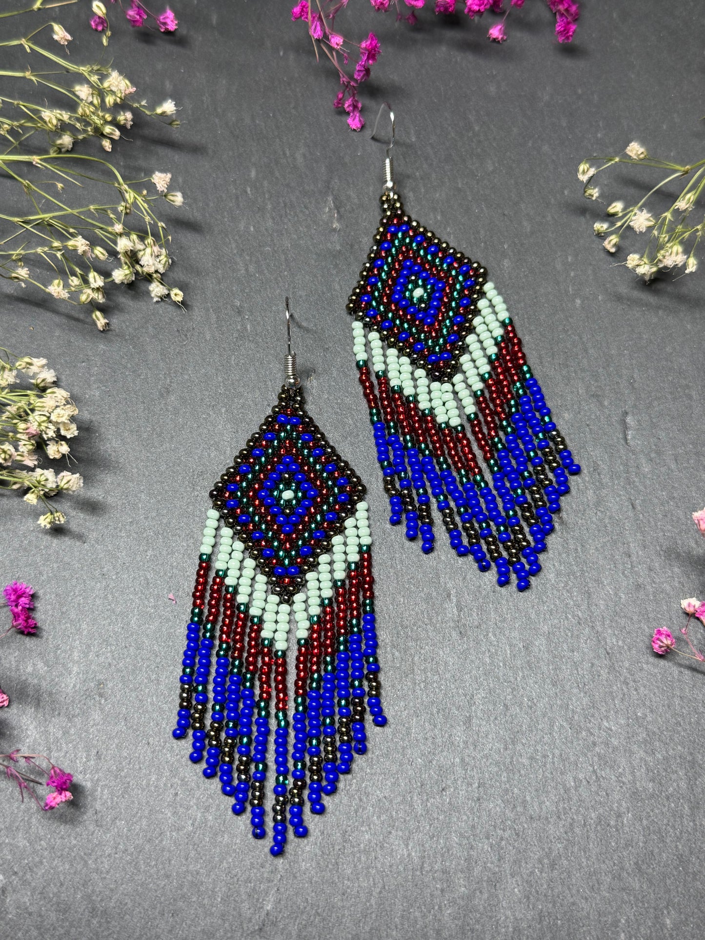 Handmade Blue, green and red beaded fringe earrings with geometric style. Unique bright boho statement jewelry with Native-inspired design and artisan beadwork image 12