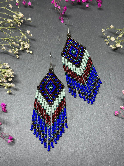 Handmade Blue, green and red beaded fringe earrings with geometric style. Unique bright boho statement jewelry with Native-inspired design and artisan beadwork image 12