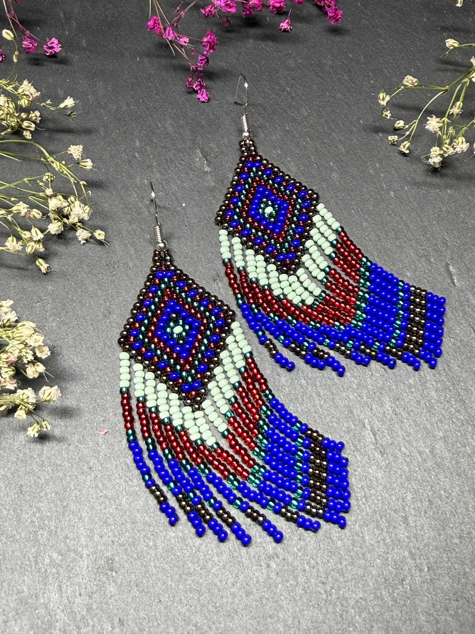 Handmade Blue, green and red beaded fringe earrings with geometric style. Unique bright boho statement jewelry with Native-inspired design and artisan beadwork image 11