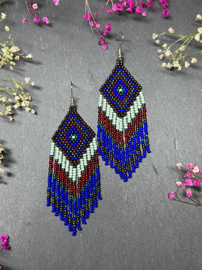 Handmade Blue, green and red beaded fringe earrings with geometric style. Unique bright boho statement jewelry with Native-inspired design and artisan beadwork image 6