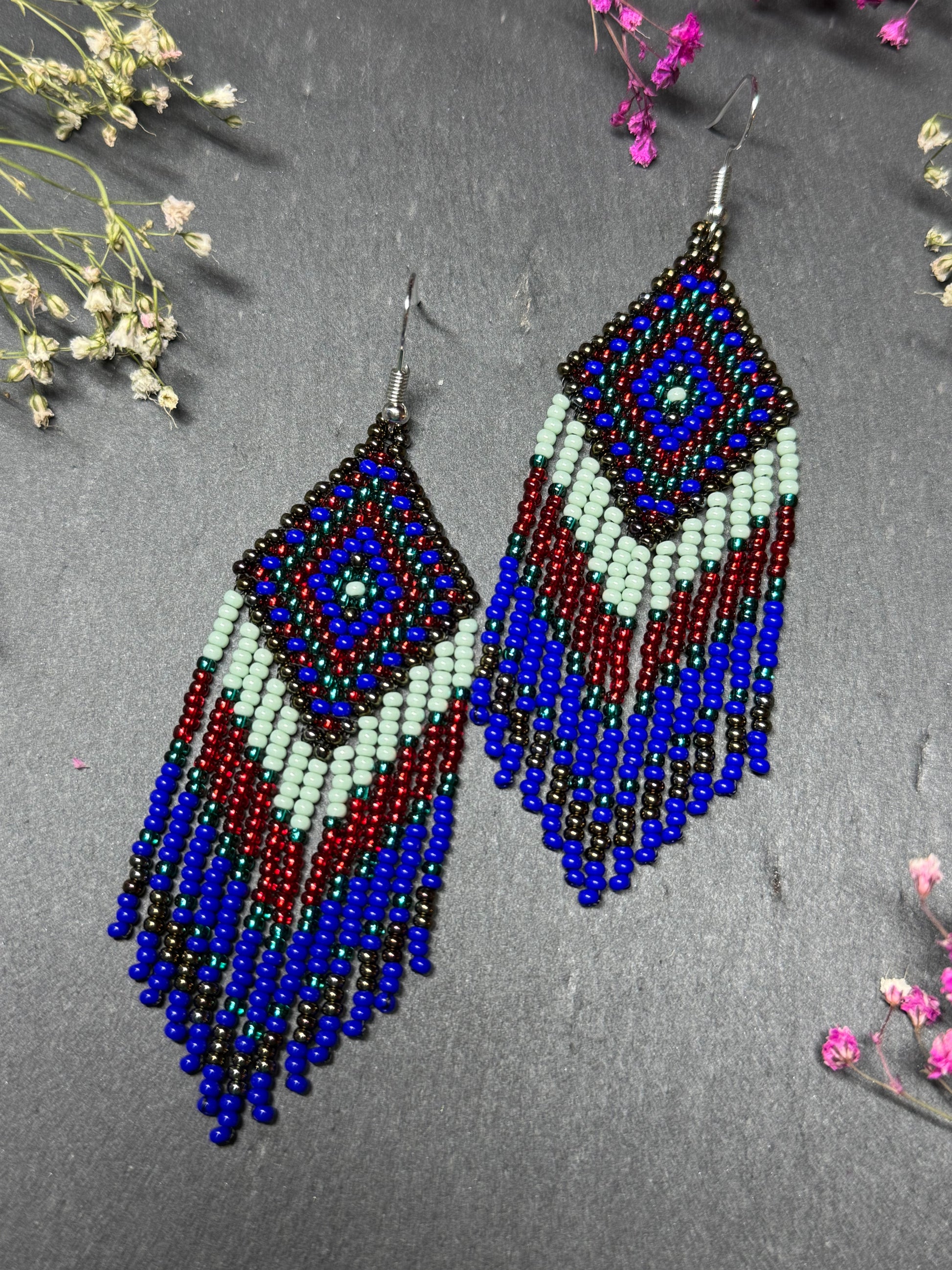 Handmade Blue, green and red beaded fringe earrings with geometric style. Unique bright boho statement jewelry with Native-inspired design and artisan beadwork image 9