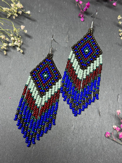 Handmade Blue, green and red beaded fringe earrings with geometric style. Unique bright boho statement jewelry with Native-inspired design and artisan beadwork image 9