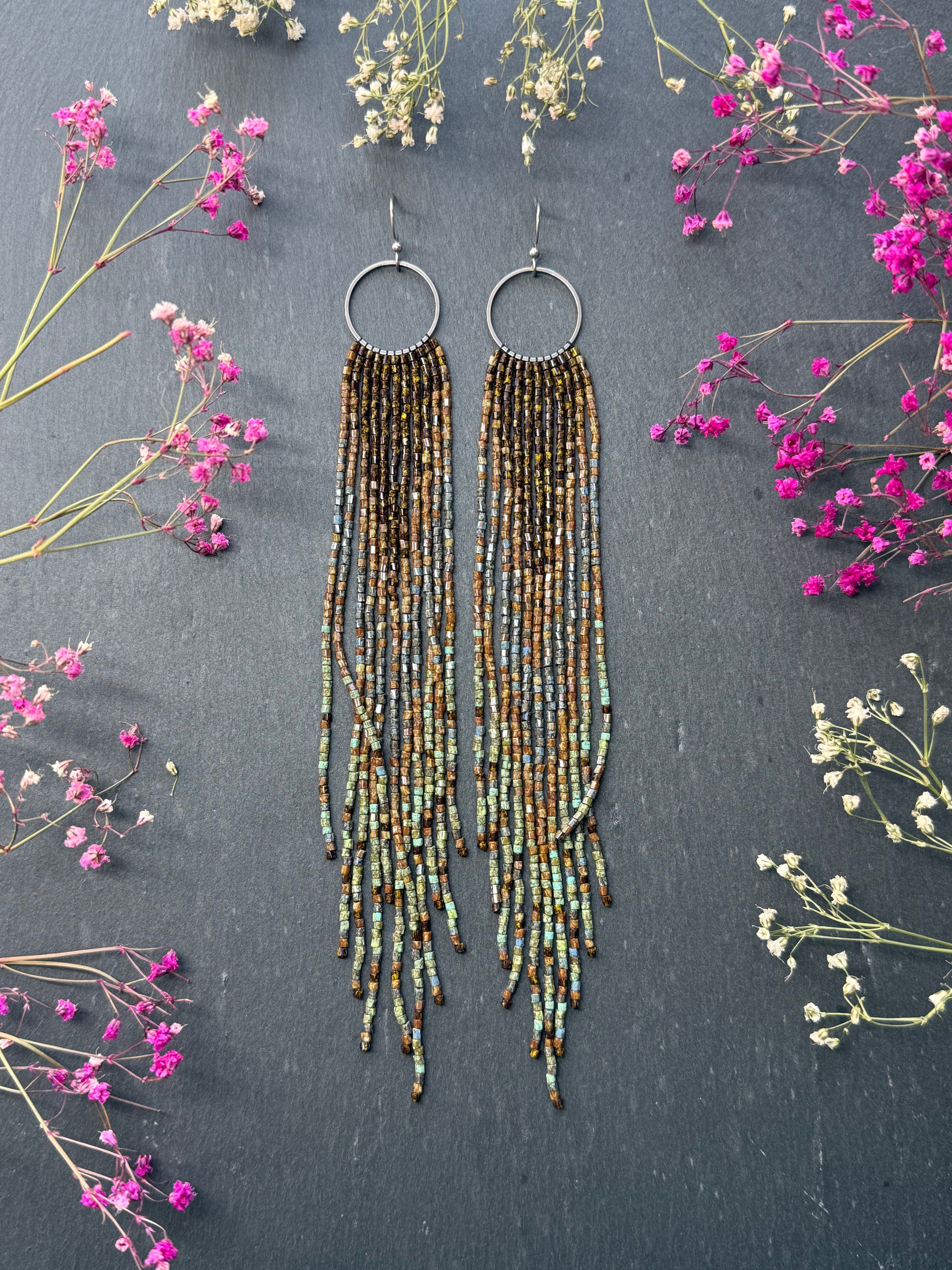 Long beaded fringe earrings, boho hoop design, brown and blue seed bead jewelry. Handmade statement earrings with 925 sterling silver hooks. Unique earrings for her image 3