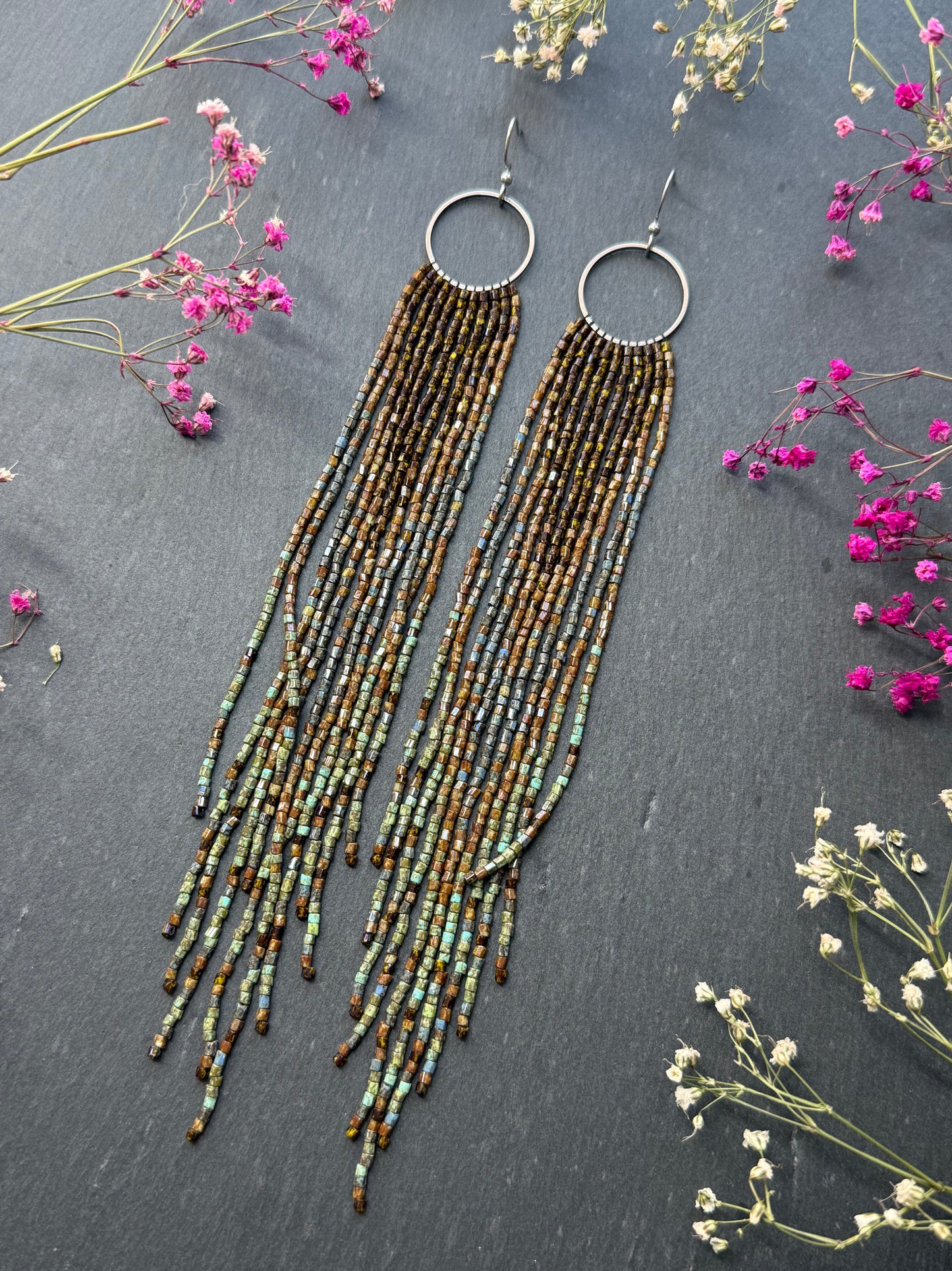 Long beaded fringe earrings, boho hoop design, brown and blue seed bead jewelry. Handmade statement earrings with 925 sterling silver hooks. Unique earrings for her image 4