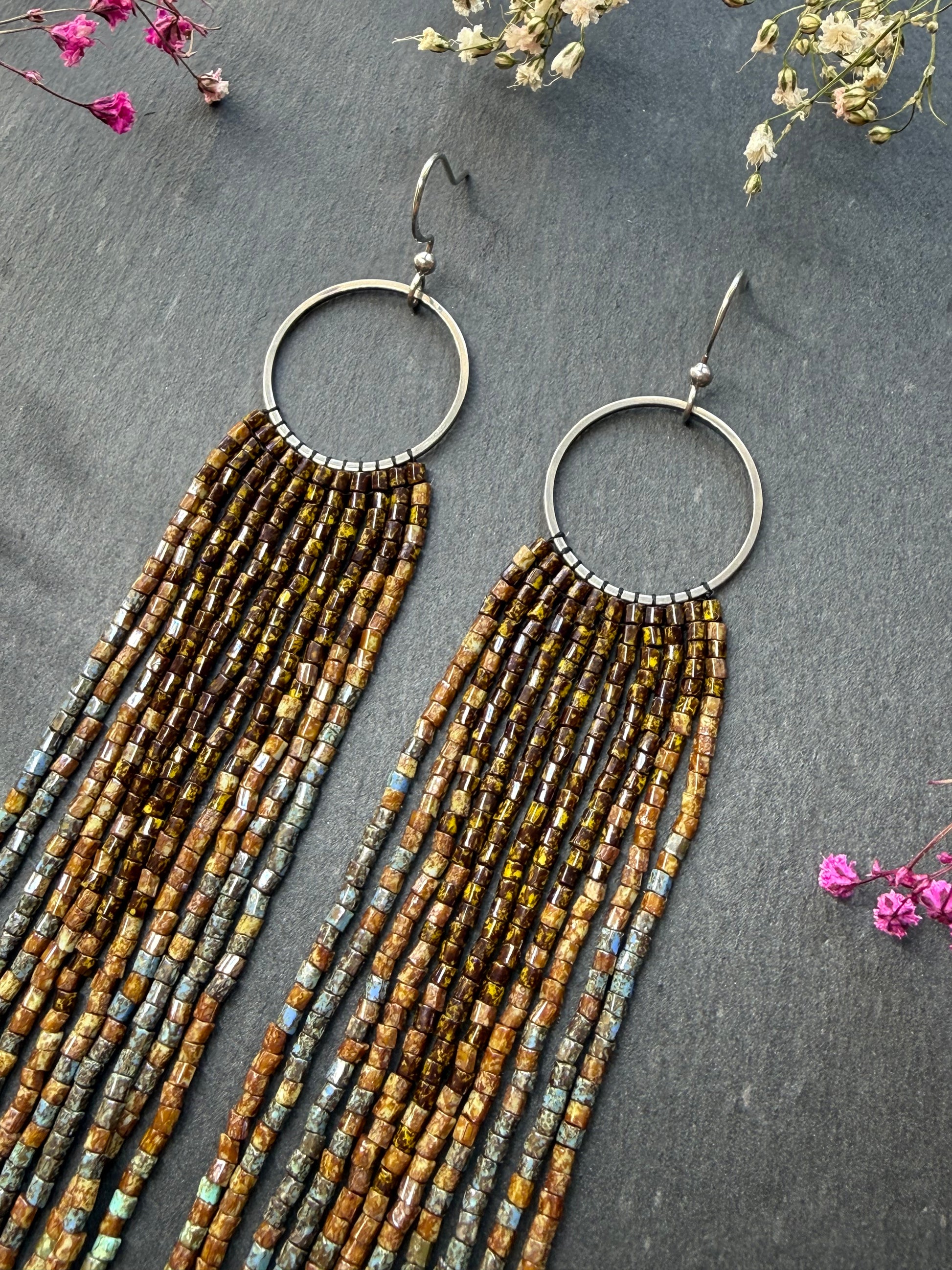 Long beaded fringe earrings, boho hoop design, brown and blue seed bead jewelry. Handmade statement earrings with 925 sterling silver hooks. Unique earrings for her image 6
