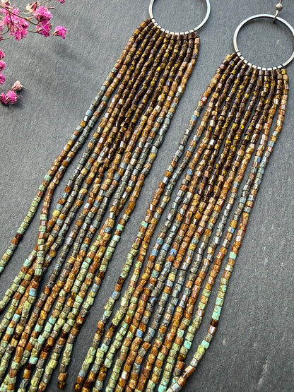 Long beaded fringe earrings, boho hoop design, brown and blue seed bead jewelry. Handmade statement earrings with 925 sterling silver hooks. Unique earrings for her image 7