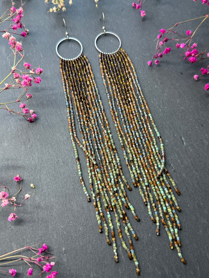 Long beaded fringe earrings, boho hoop design, brown and blue seed bead jewelry. Handmade statement earrings with 925 sterling silver hooks. Unique earrings for her image 9
