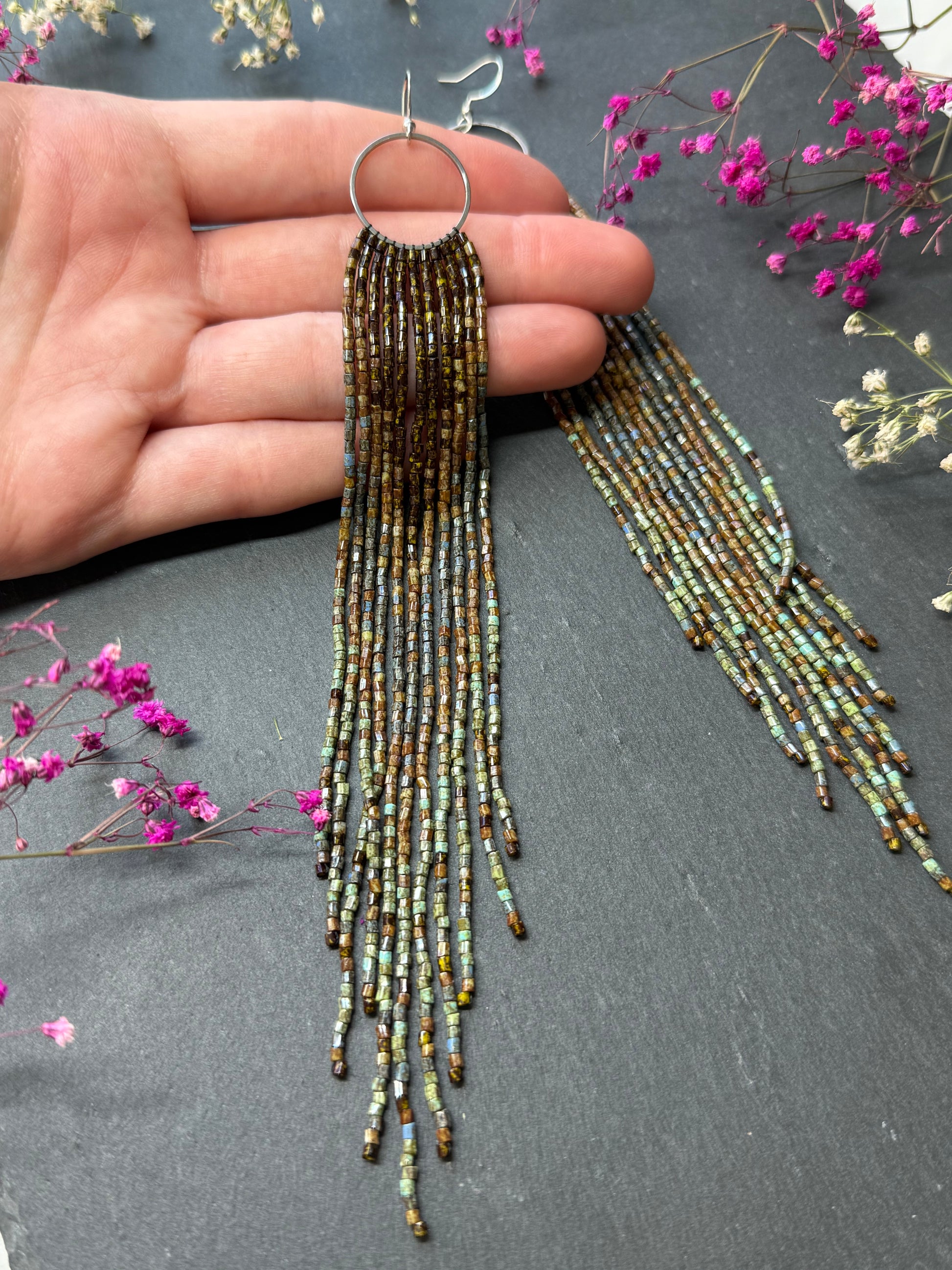 Long beaded fringe earrings, boho hoop design, brown and blue seed bead jewelry. Handmade statement earrings with 925 sterling silver hooks. Unique earrings for her image 10