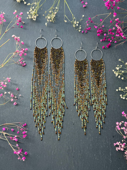Long beaded fringe earrings, boho hoop design, brown and blue seed bead jewelry. Handmade statement earrings with 925 sterling silver hooks. Unique earrings for her image 1