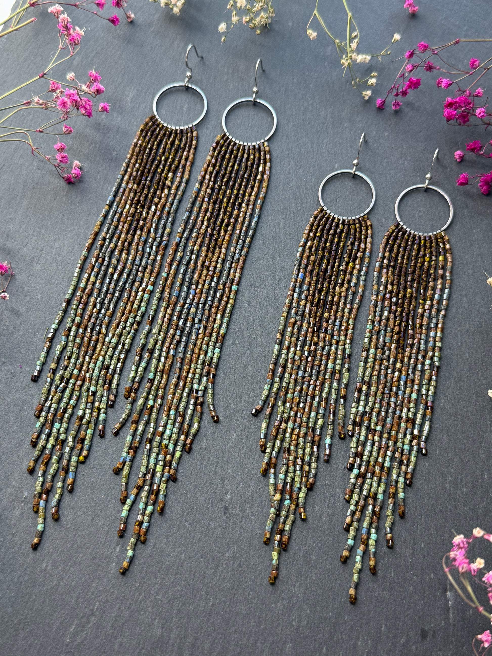 Long beaded fringe earrings, boho hoop design, brown and blue seed bead jewelry. Handmade statement earrings with 925 sterling silver hooks. Unique earrings for her image 11