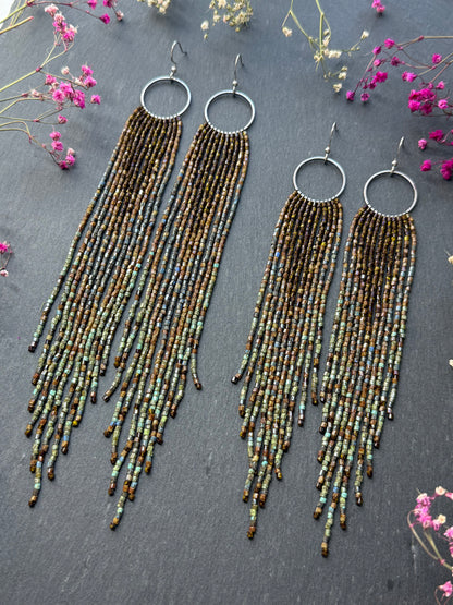 Long beaded fringe earrings, boho hoop design, brown and blue seed bead jewelry. Handmade statement earrings with 925 sterling silver hooks. Unique earrings for her image 11