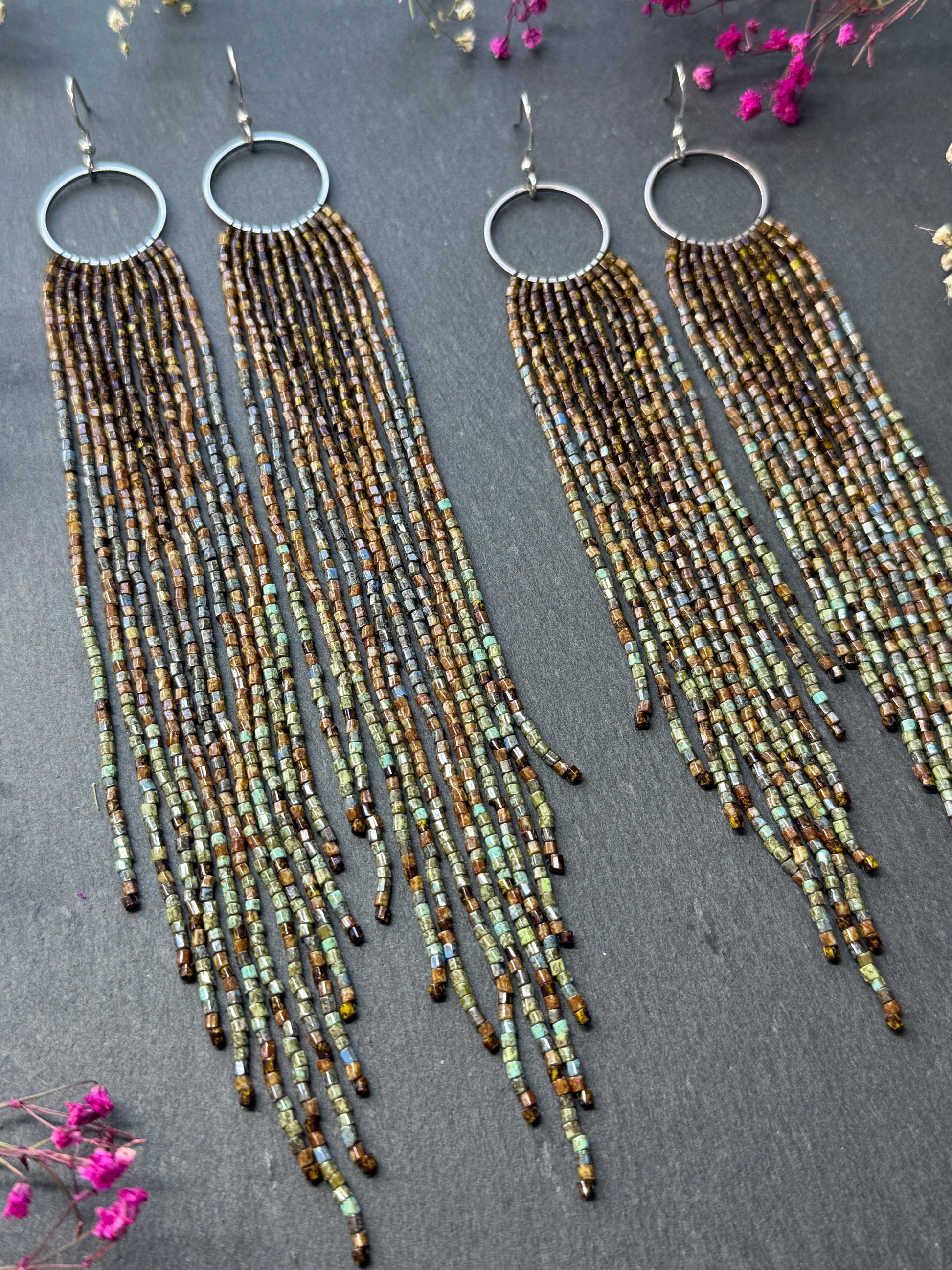 Long beaded fringe earrings, boho hoop design, brown and blue seed bead jewelry. Handmade statement earrings with 925 sterling silver hooks. Unique earrings for her image 12