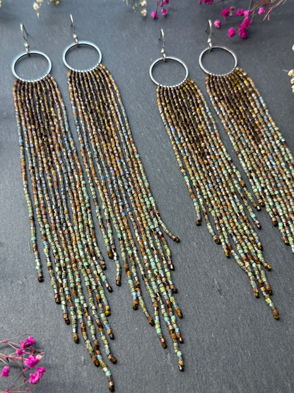 Long beaded fringe earrings, boho hoop design, brown and blue seed bead jewelry. Handmade statement earrings with 925 sterling silver hooks. Unique earrings for her image 12