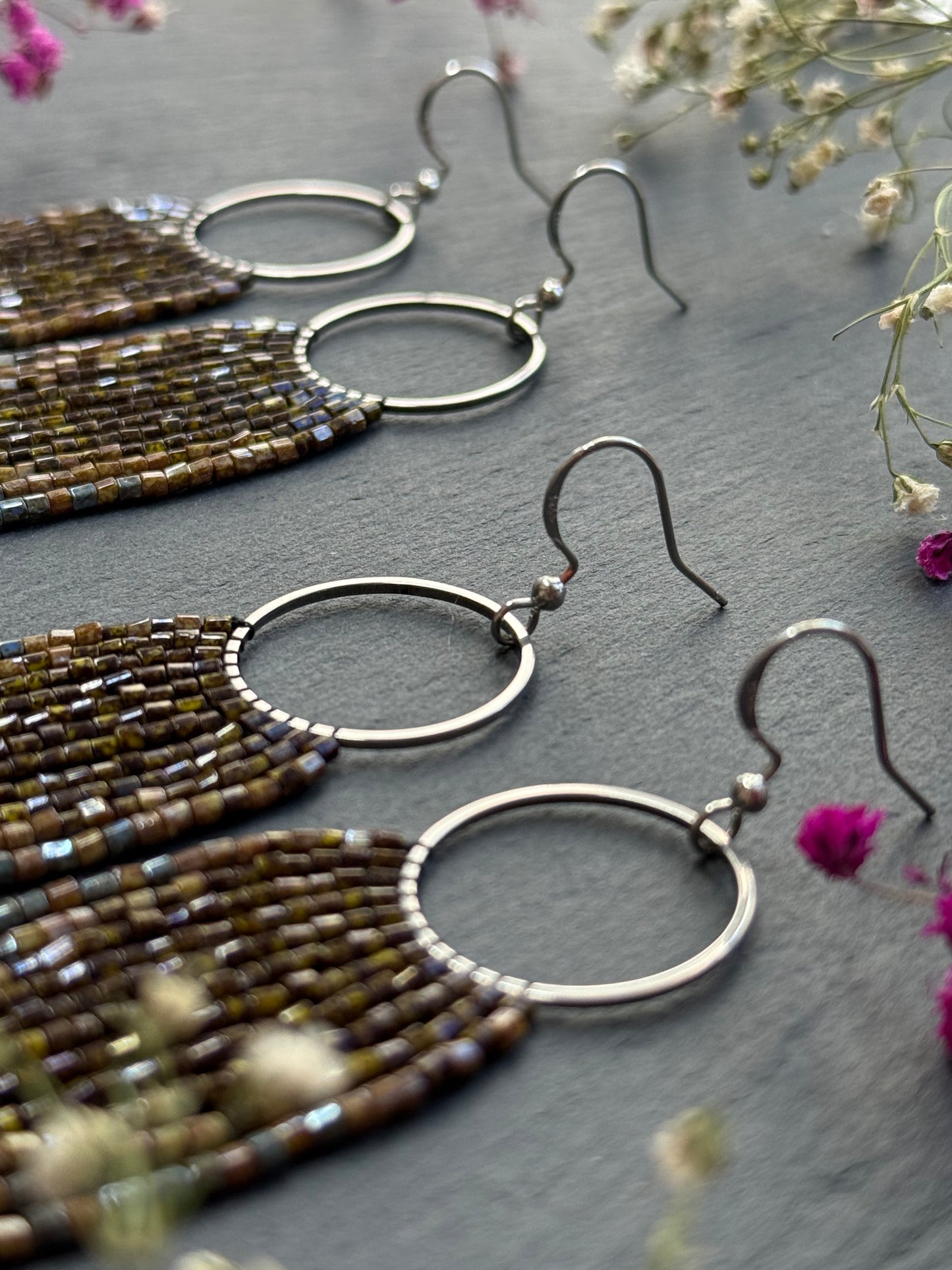 Long beaded fringe earrings, boho hoop design, brown and blue seed bead jewelry. Handmade statement earrings with 925 sterling silver hooks. Unique earrings for her image 13