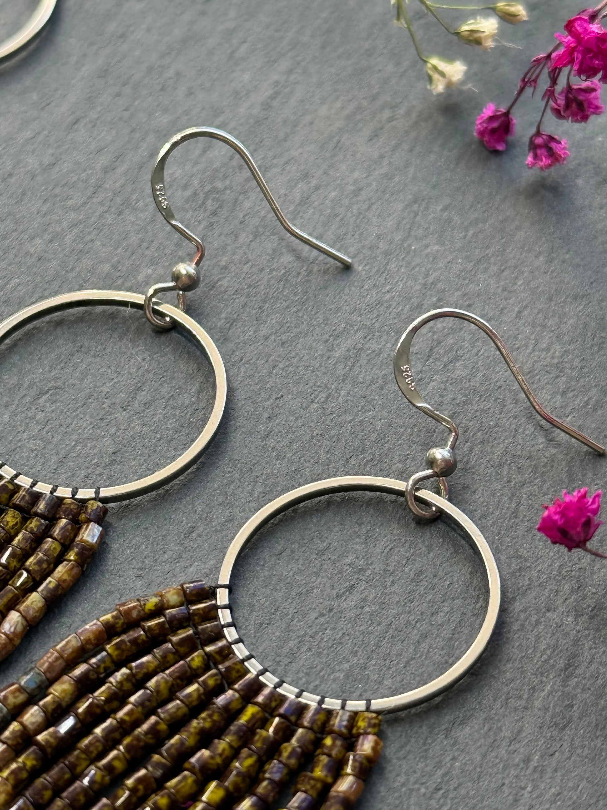 Long beaded fringe earrings, boho hoop design, brown and blue seed bead jewelry. Handmade statement earrings with 925 sterling silver hooks. Unique earrings for her image 5