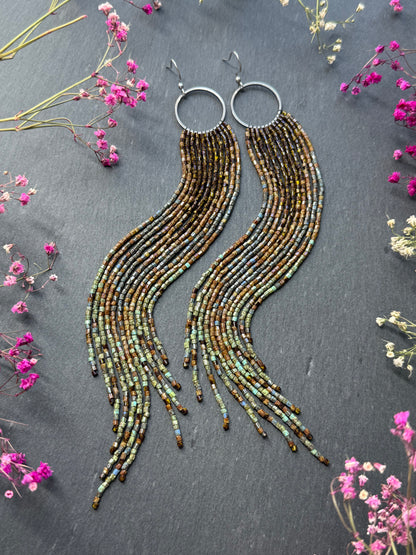 Long beaded fringe earrings, boho hoop design, brown and blue seed bead jewelry. Handmade statement earrings with 925 sterling silver hooks. Unique earrings for her image 14