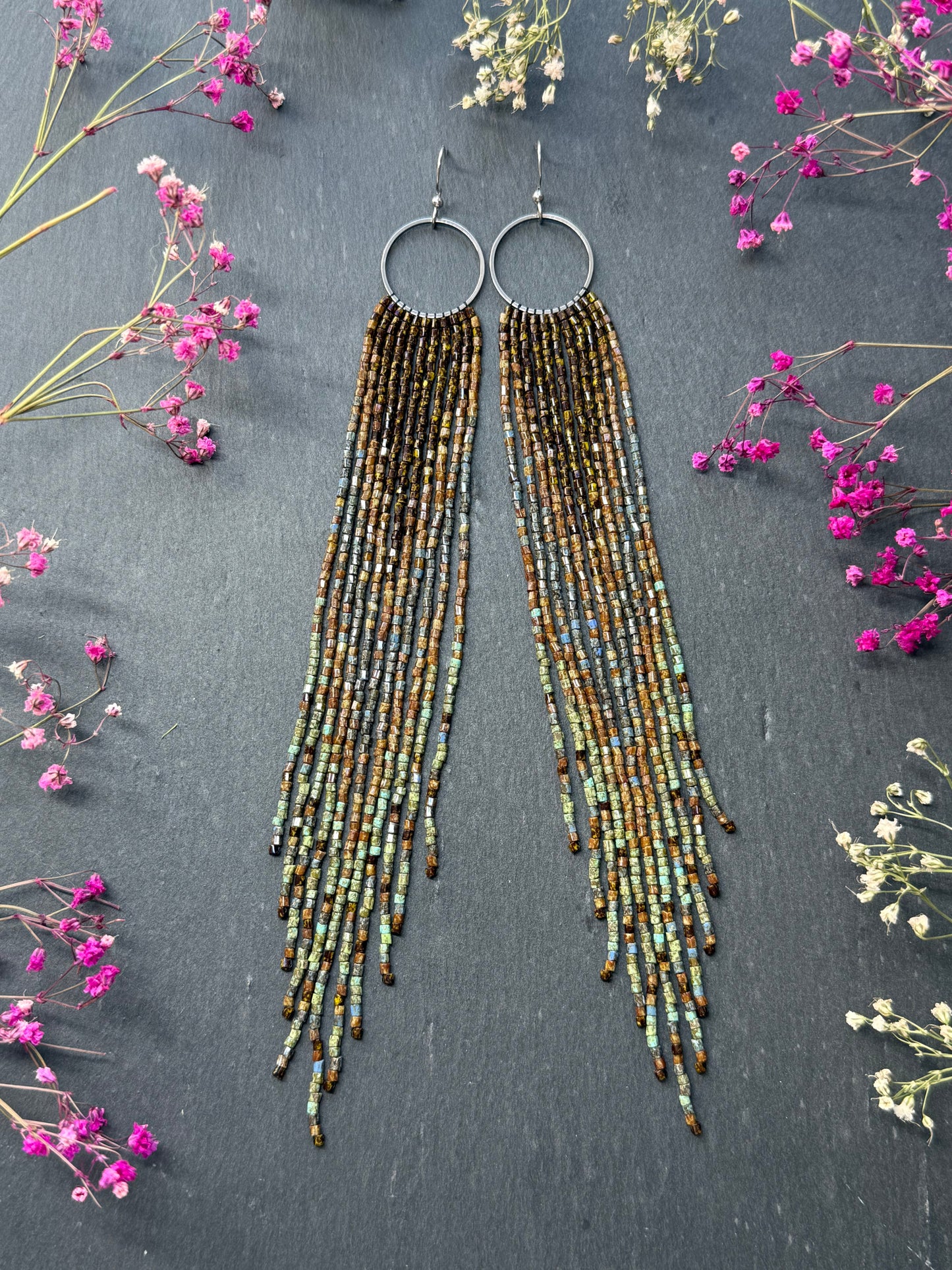 Long beaded fringe earrings, boho hoop design, brown and blue seed bead jewelry. Handmade statement earrings with 925 sterling silver hooks. Unique earrings for her image 15